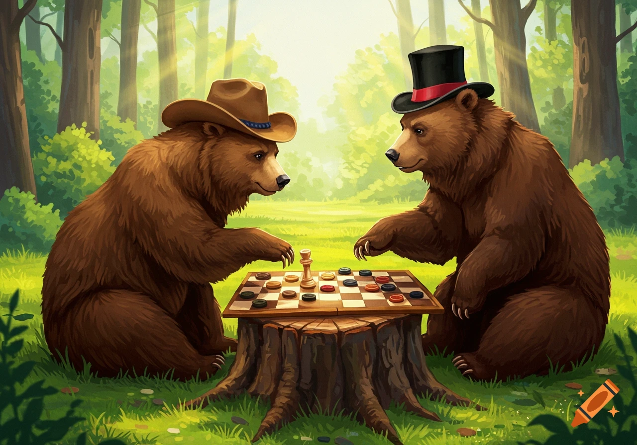 Two bears, one in a cowboy hat and one in a top hat, play checkers on a stump in a sunny forest clearing.