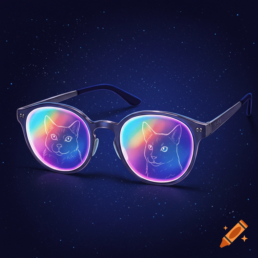 An illustration of glasses reflecting rainbow-colored images of cats against a starry blue background.