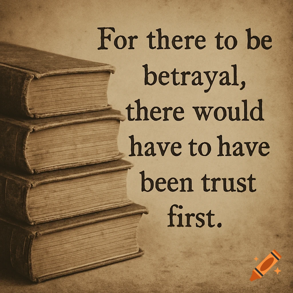A stack of vintage books next to the quote "For there to be betrayal, there would have to have been trust first."