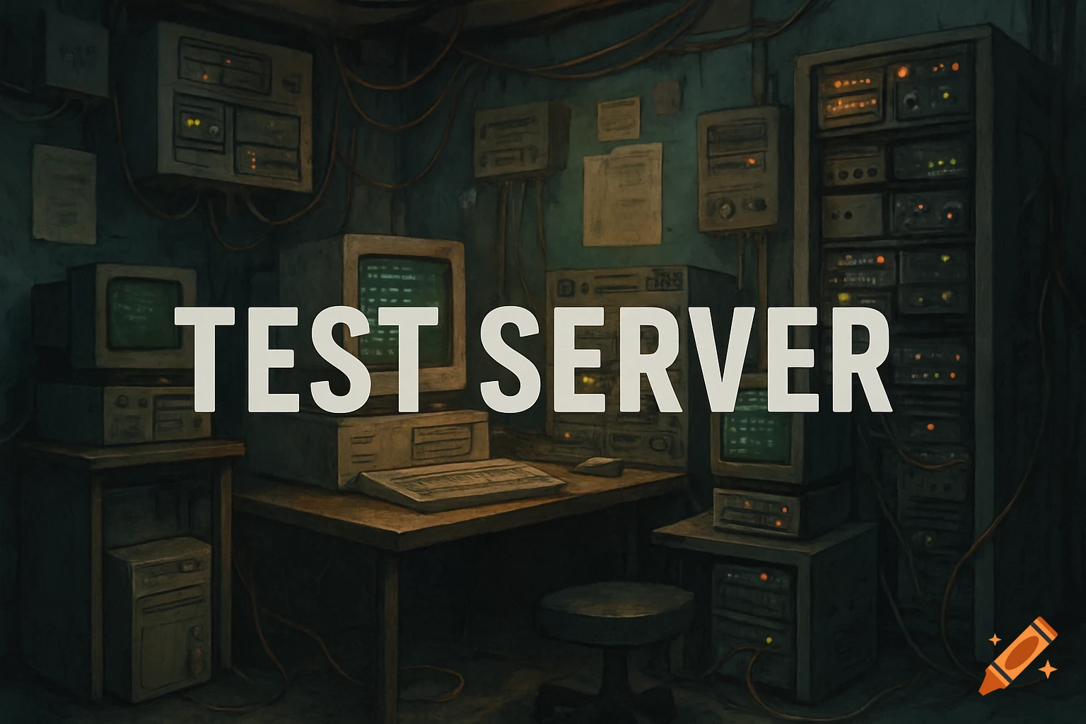 A cluttered room filled with old computers, servers, and monitors, with the text TEST SERVER overlaid.