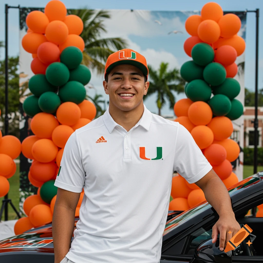 Young man in University of Miami apparel poses at a photo shoot with balloons and a car.