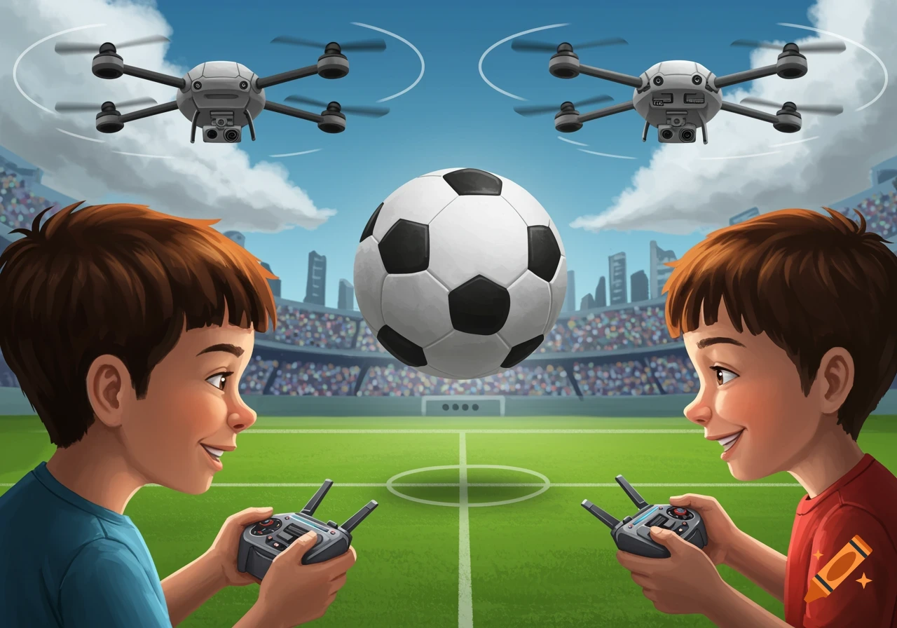 Illustration of two boys controlling drones chasing a soccer ball in a stadium.