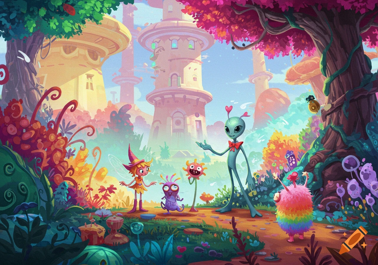 Colorful cartoon illustration of an alien, fairy, and monsters in a whimsical fantasy world