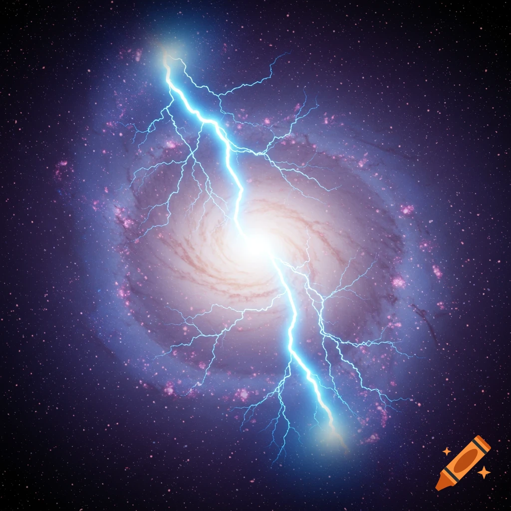 A blue lightning bolt strikes through the center of a spiral galaxy in space.
