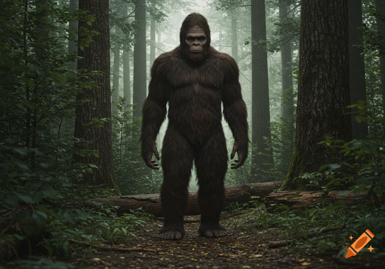 Bigfoot stands on a path in a misty forest.