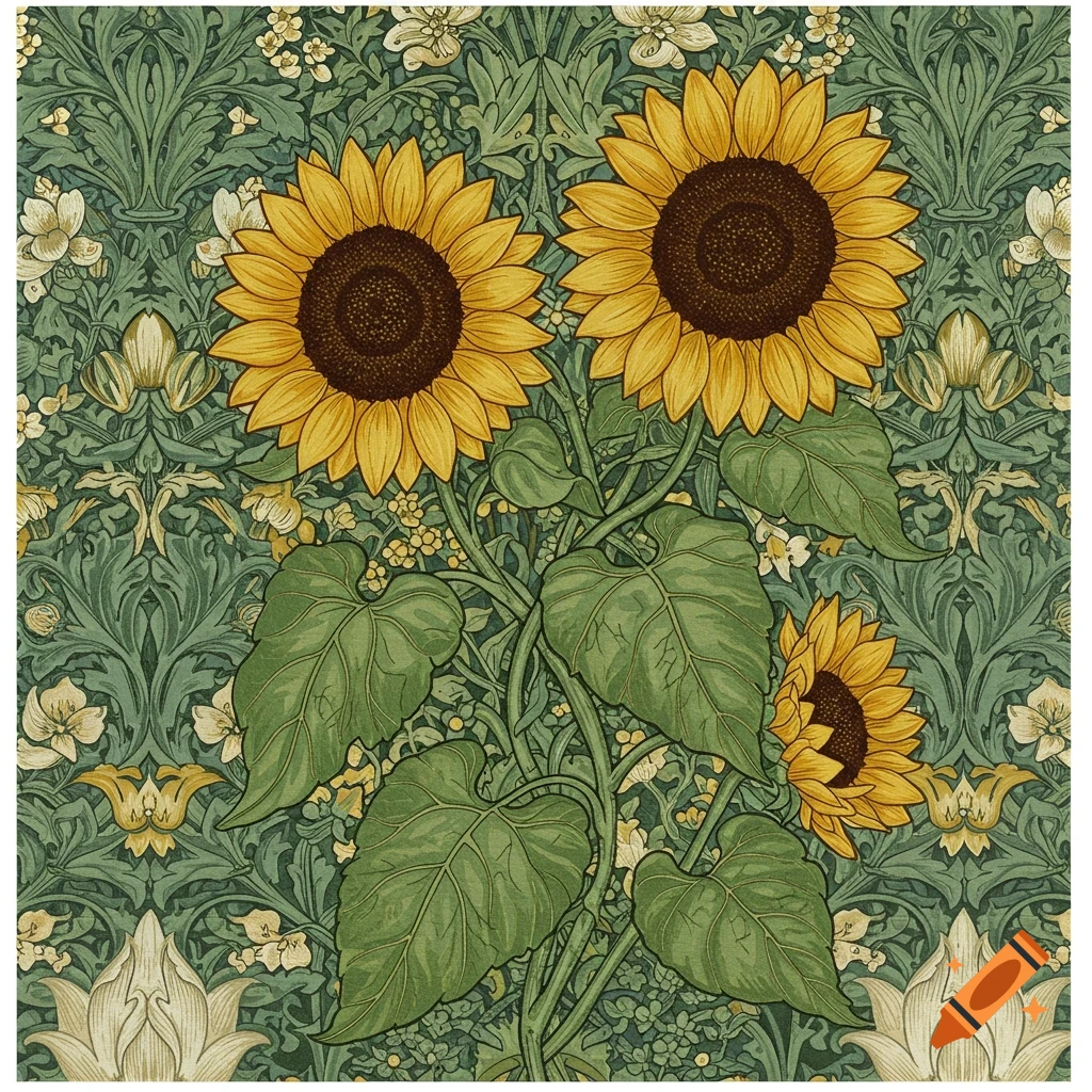Three sunflowers on intertwined vines against a green background with white and yellow floral patterns, in a decorative vintage art style.