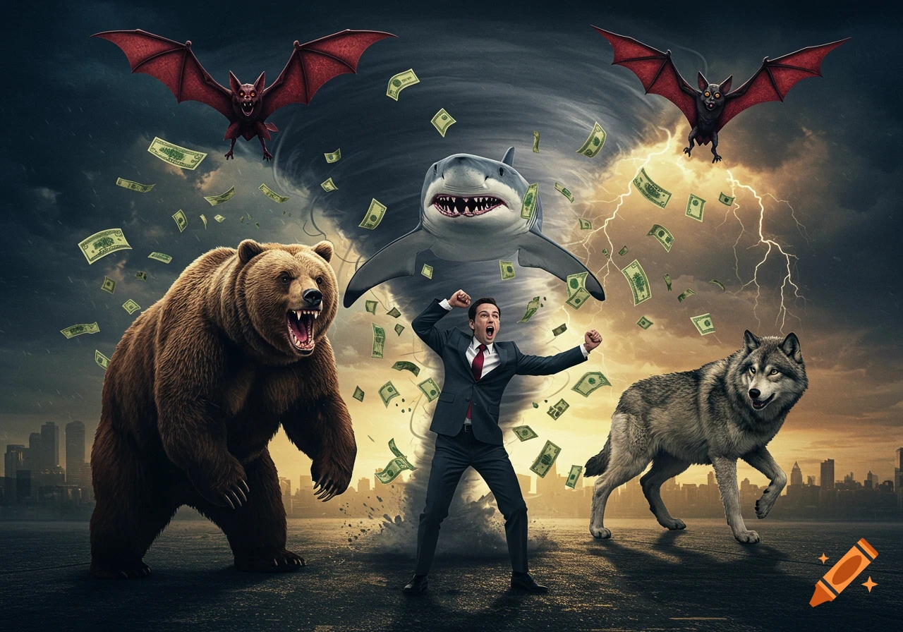 Businessman in a tornado with raining money, surrounded by a bear, wolf, shark, and bats under a stormy sky.