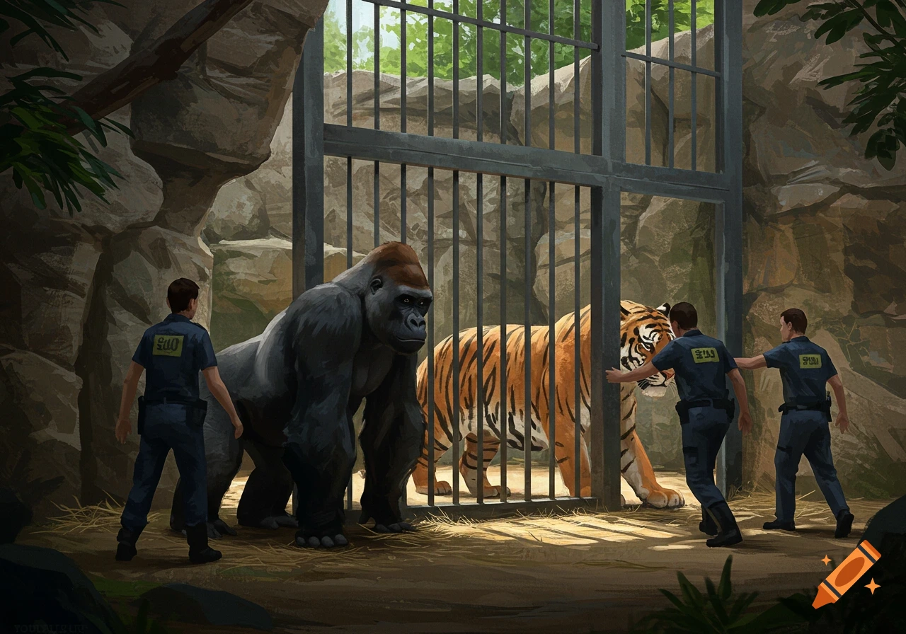Digital painting of a gorilla and a tiger being led into a cage by men in uniforms in a rocky zoo enclosure.