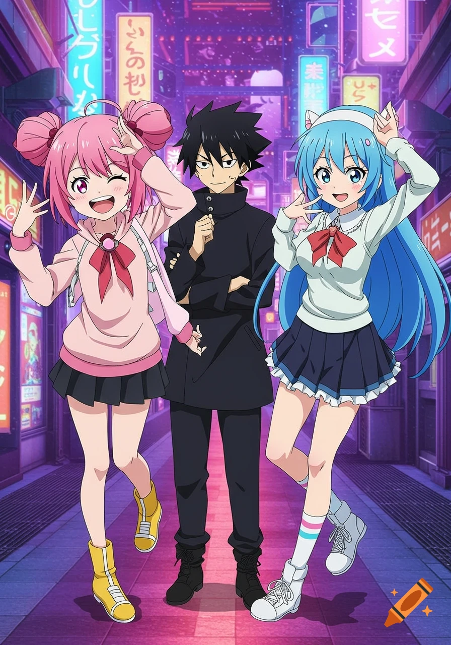 Three anime characters pose on a street with neon signs