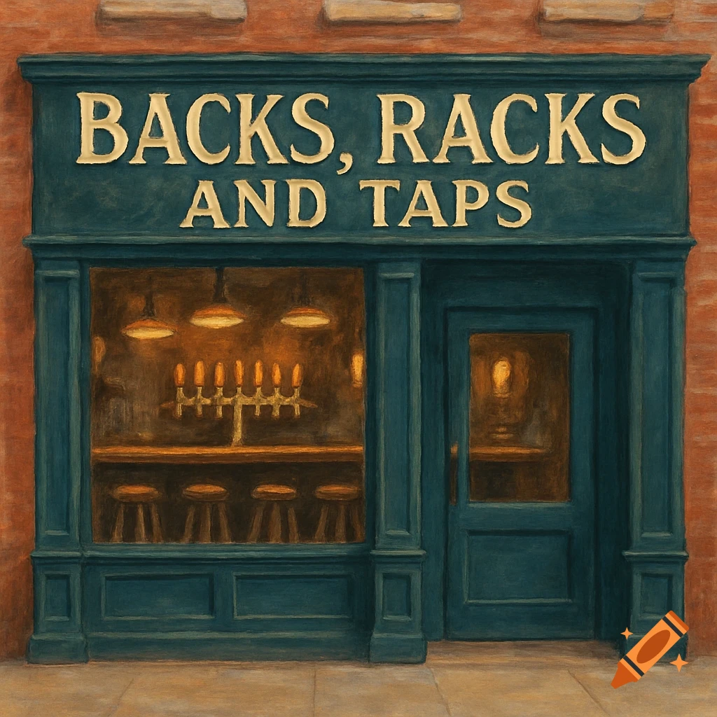 A painted illustration of a pub storefront with the sign BACKS, RACKS AND TAPS.