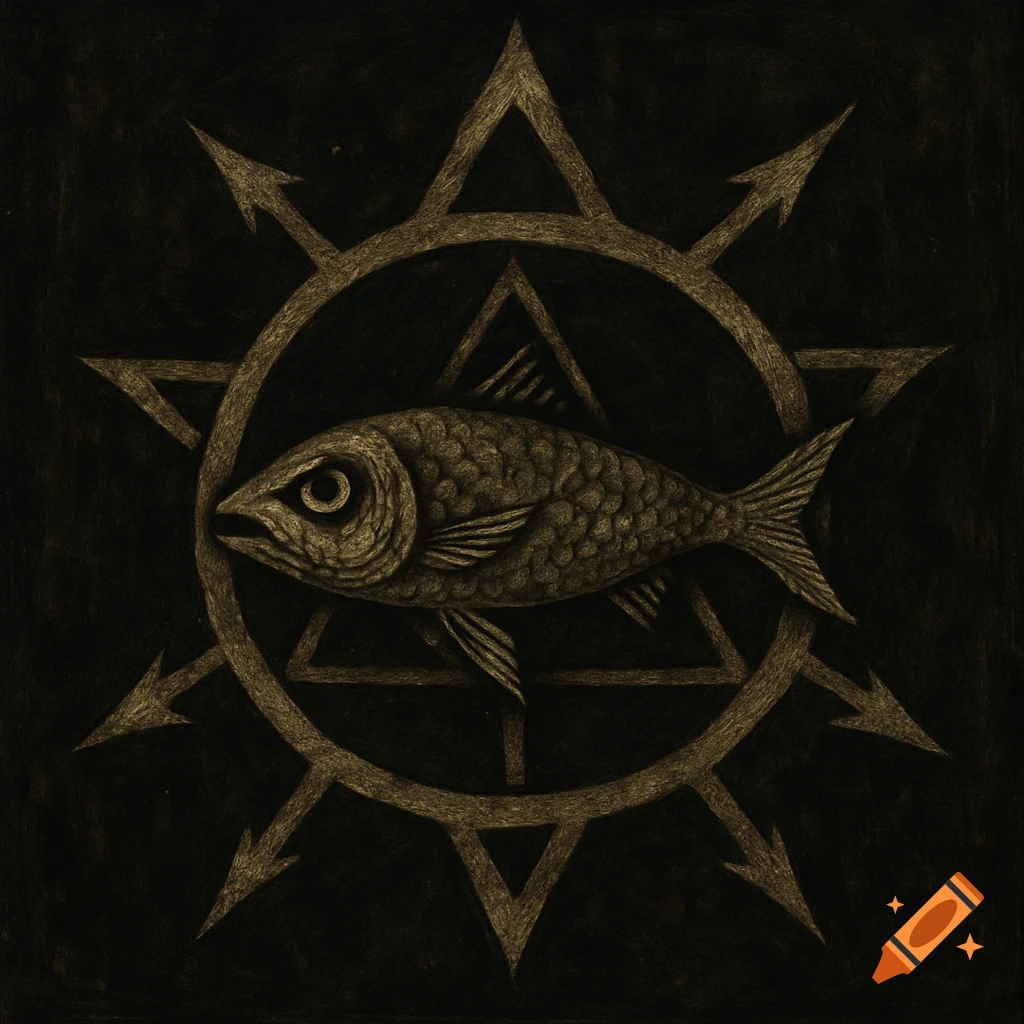 A stylized drawing of a fish inside a circular symbol with arrows and triangles on a dark background.