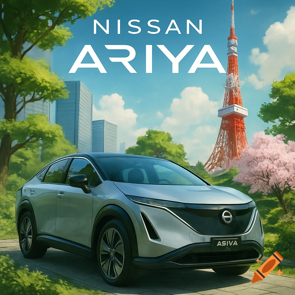 A silver Nissan Ariya SUV in a park with Tokyo Tower behind it, illustration style.