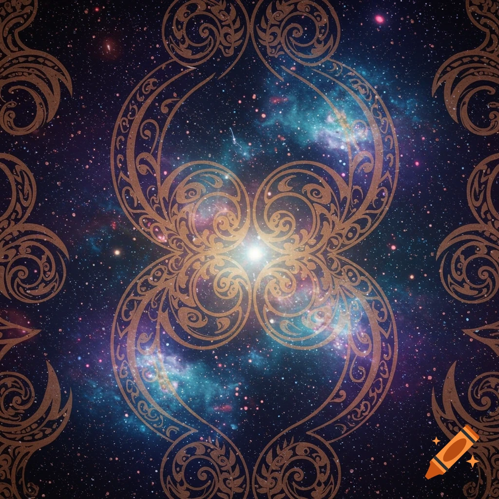 An ornate gold pattern inspired by Māori koru motifs on a cosmic background of stars and nebulae.