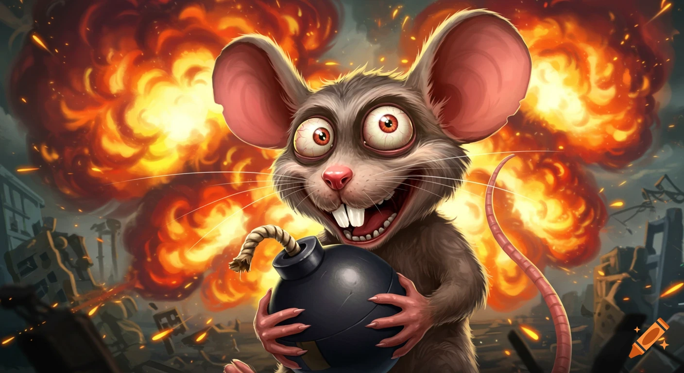 A cartoon rat with wide eyes holds a bomb in front of explosions and destroyed buildings.