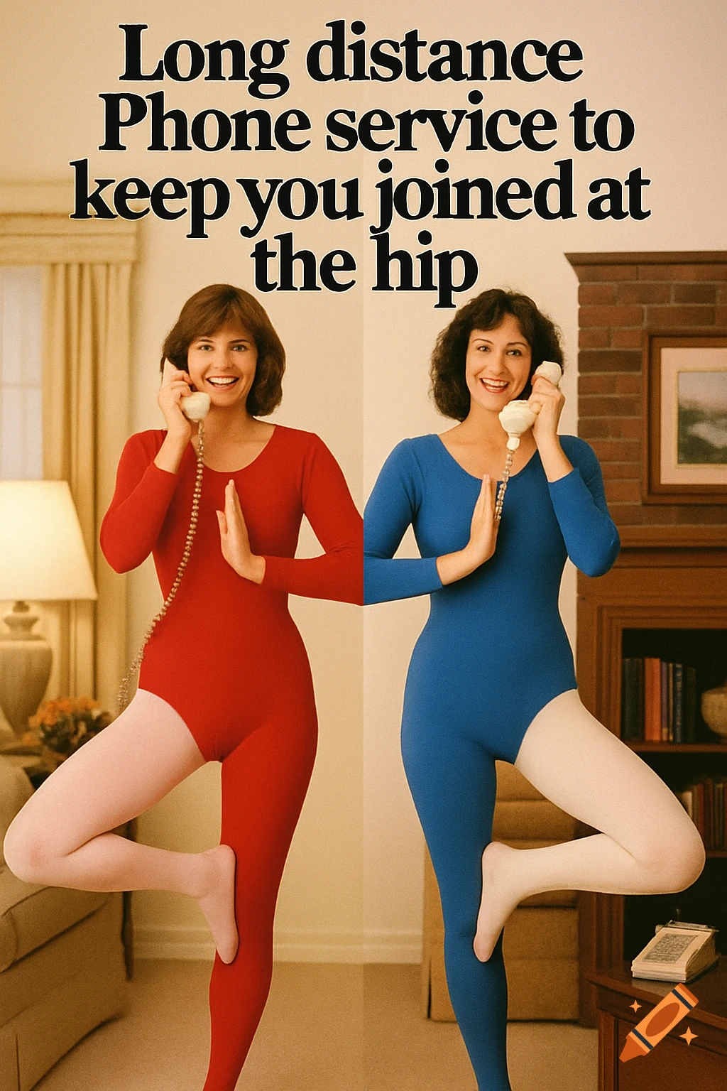 1980s ad for phone service showing two women in leotards and tights doing a pose on the phone, split image with text overlay.