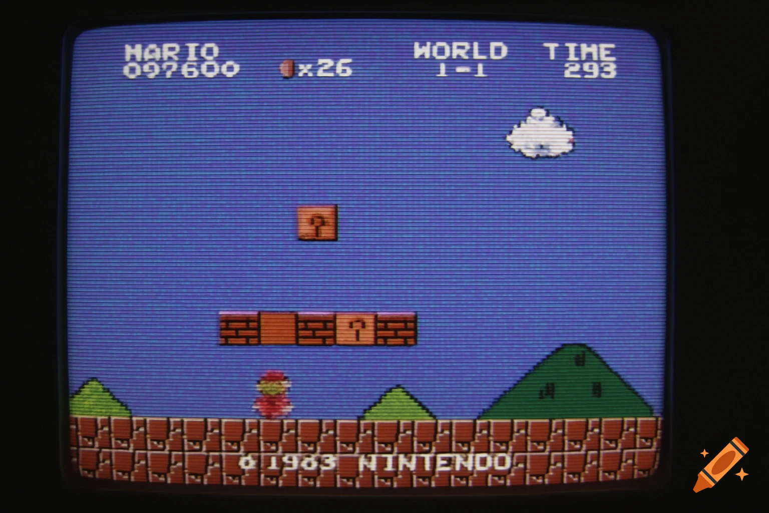 Screenshot of Super Mario Bros. on a CRT TV with scan lines.