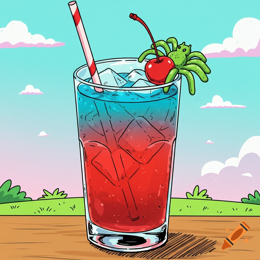 A graphic drawing of a tall glass with layered blue and red liquid, ice, a red and white straw, and a cherry garnished with a green gummy spider.
