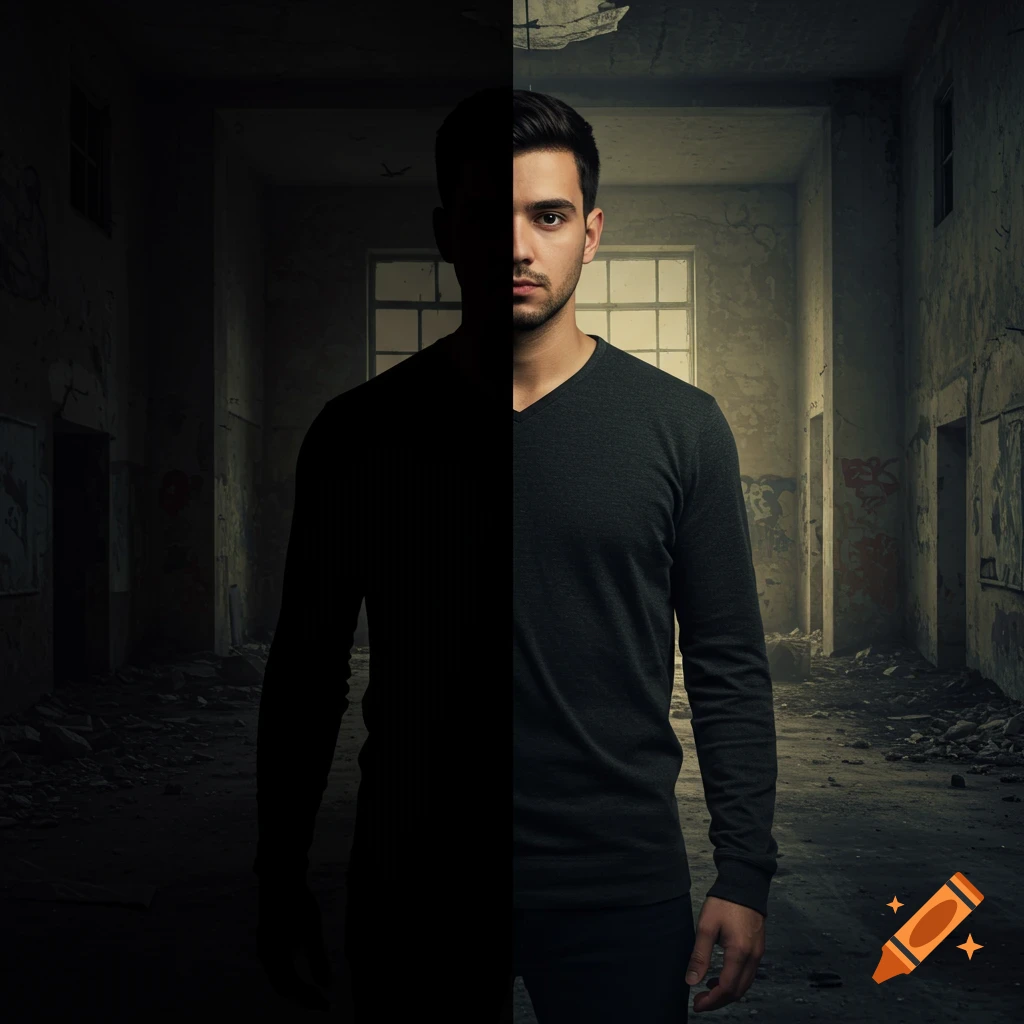 A man stands in a dark, ruined building, with the left side of his body completely blacked out.