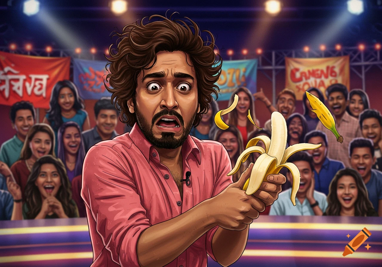 Illustration of a man struggling to peel a banana on stage in front of a live audience.
