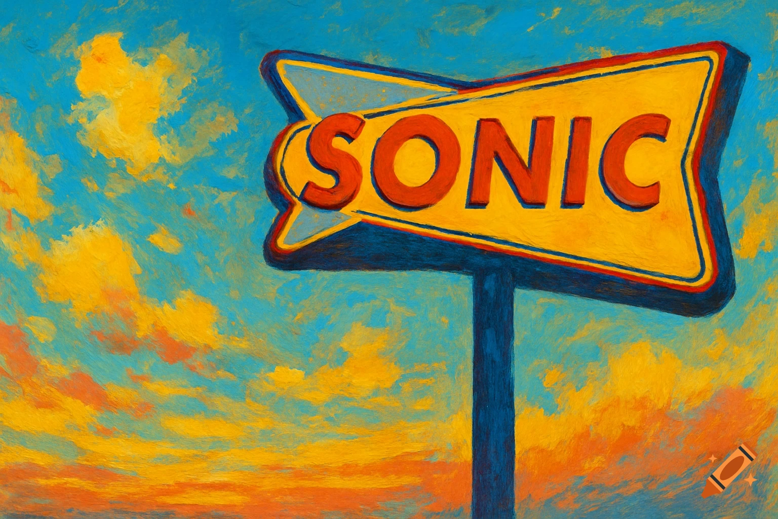 Painterly depiction of a Sonic Drive-In sign against a vibrant orange and blue sky.