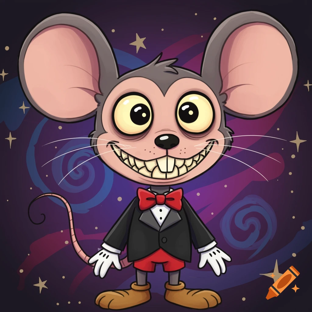 Cartoon mouse in tuxedo with wide smile against a starry background