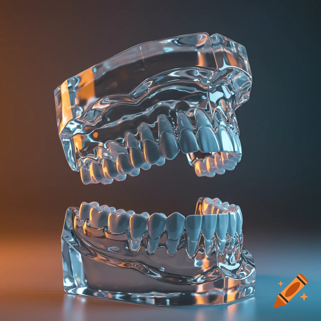 Transparent glass model of a human jaw with teeth, lit by blue and orange light.