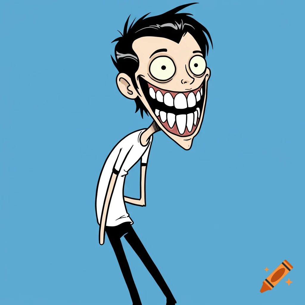 A skinny cartoon character with a huge smile and big white teeth against a blue background.