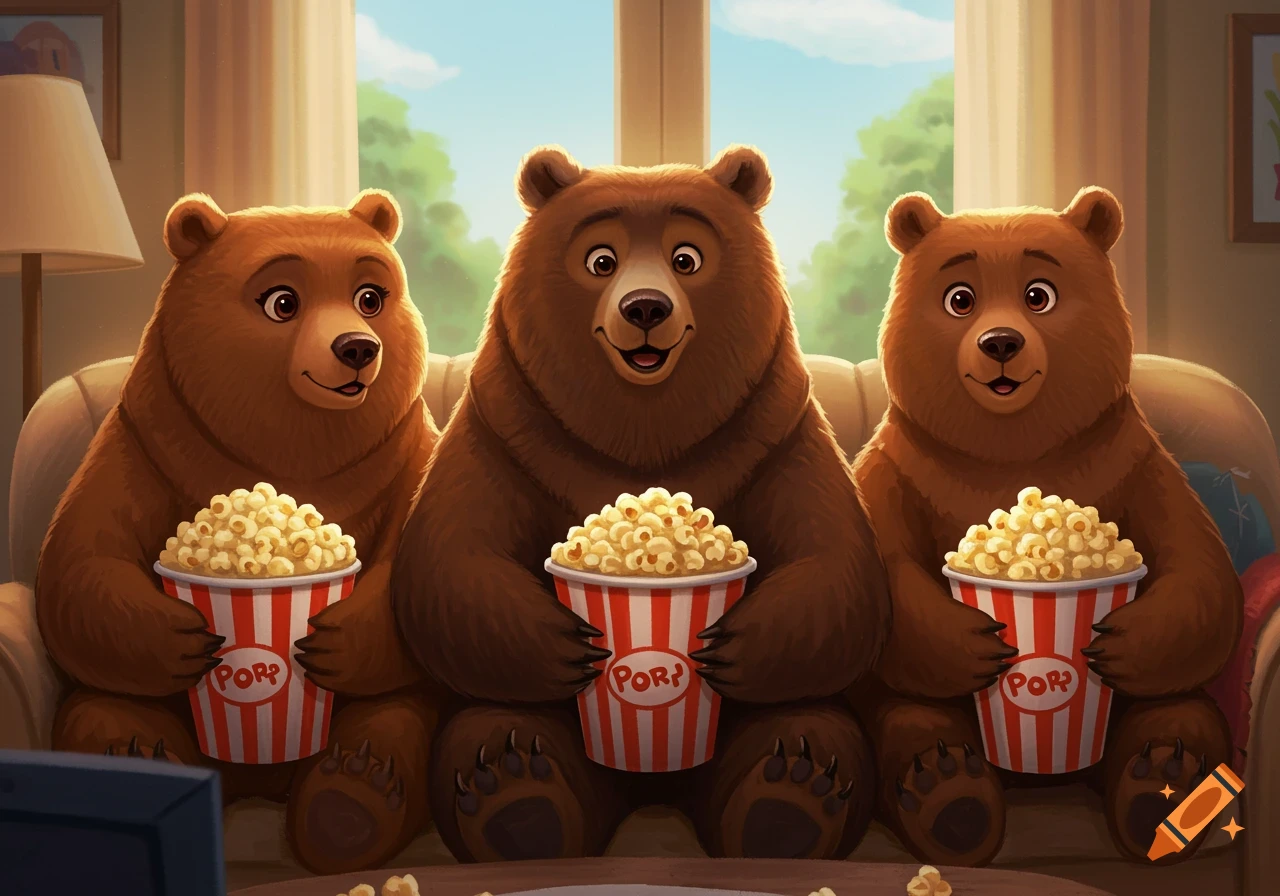 Three cartoon bears sitting on a couch holding popcorn buckets and watching TV.