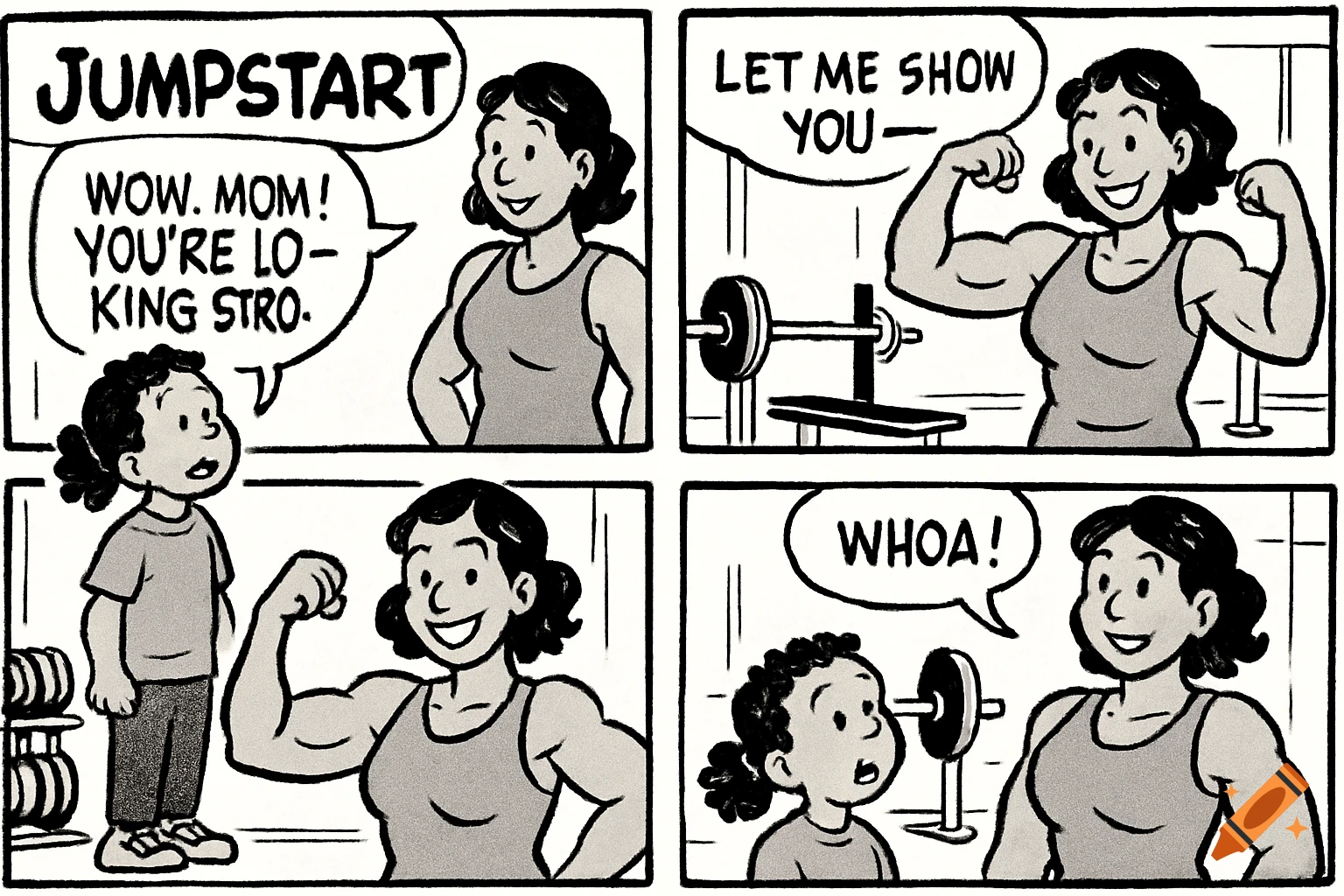 Comic strip shows mom flexing muscles for daughter at gym.