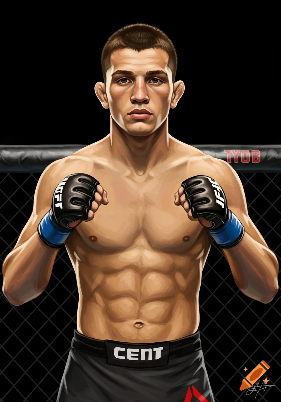 Illustration of a male MMA fighter in a ring, wearing gloves and shorts, facing forward.