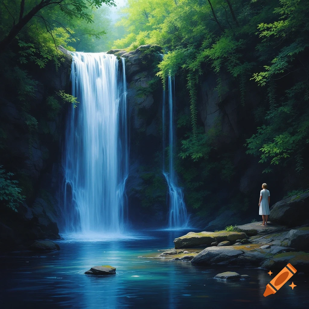 A person stands by a large waterfall flowing into a pool in a lush green forest.