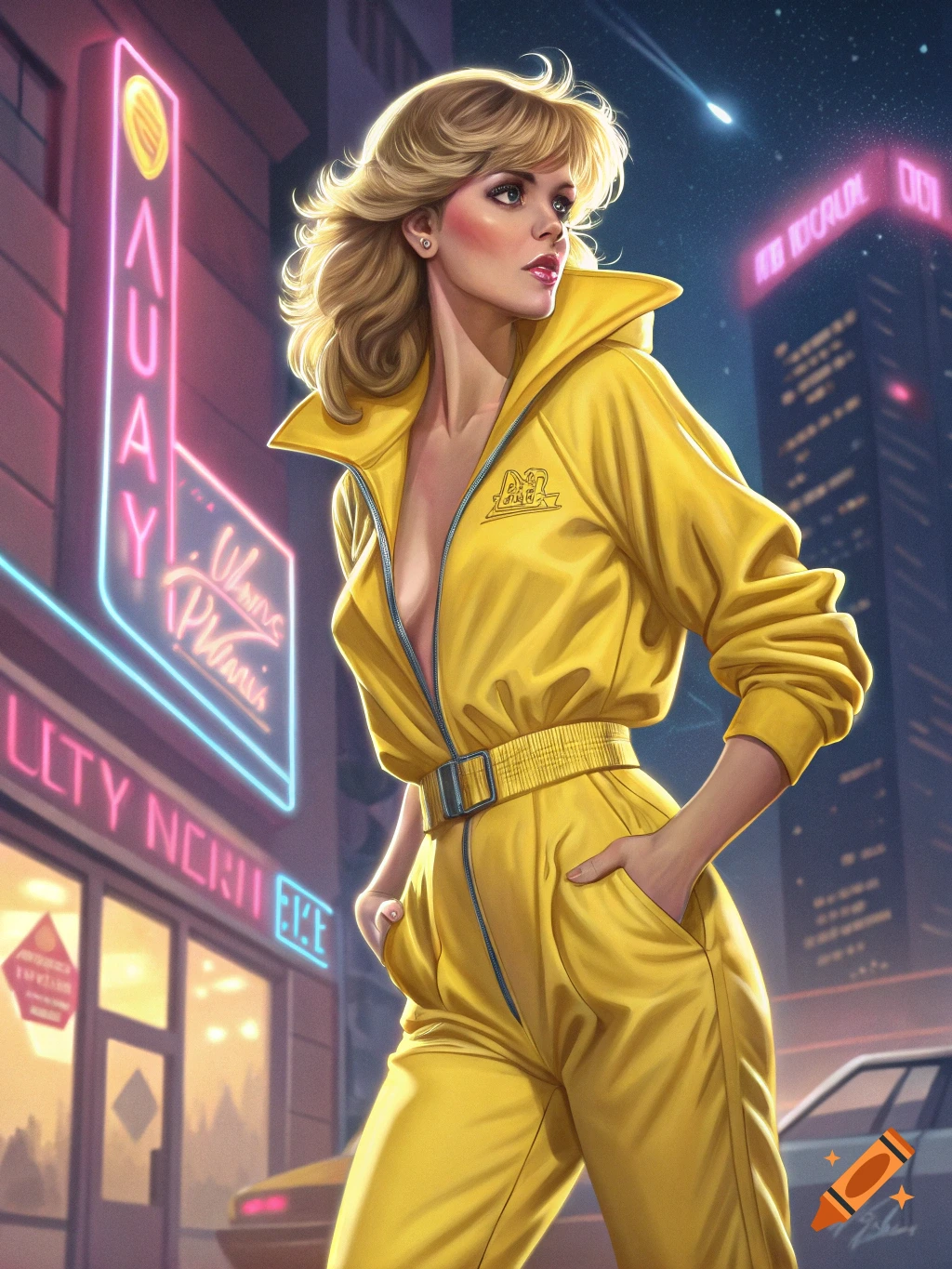 A woman in a yellow jumpsuit stands on a city street at night, with neon signs and skyscrapers.