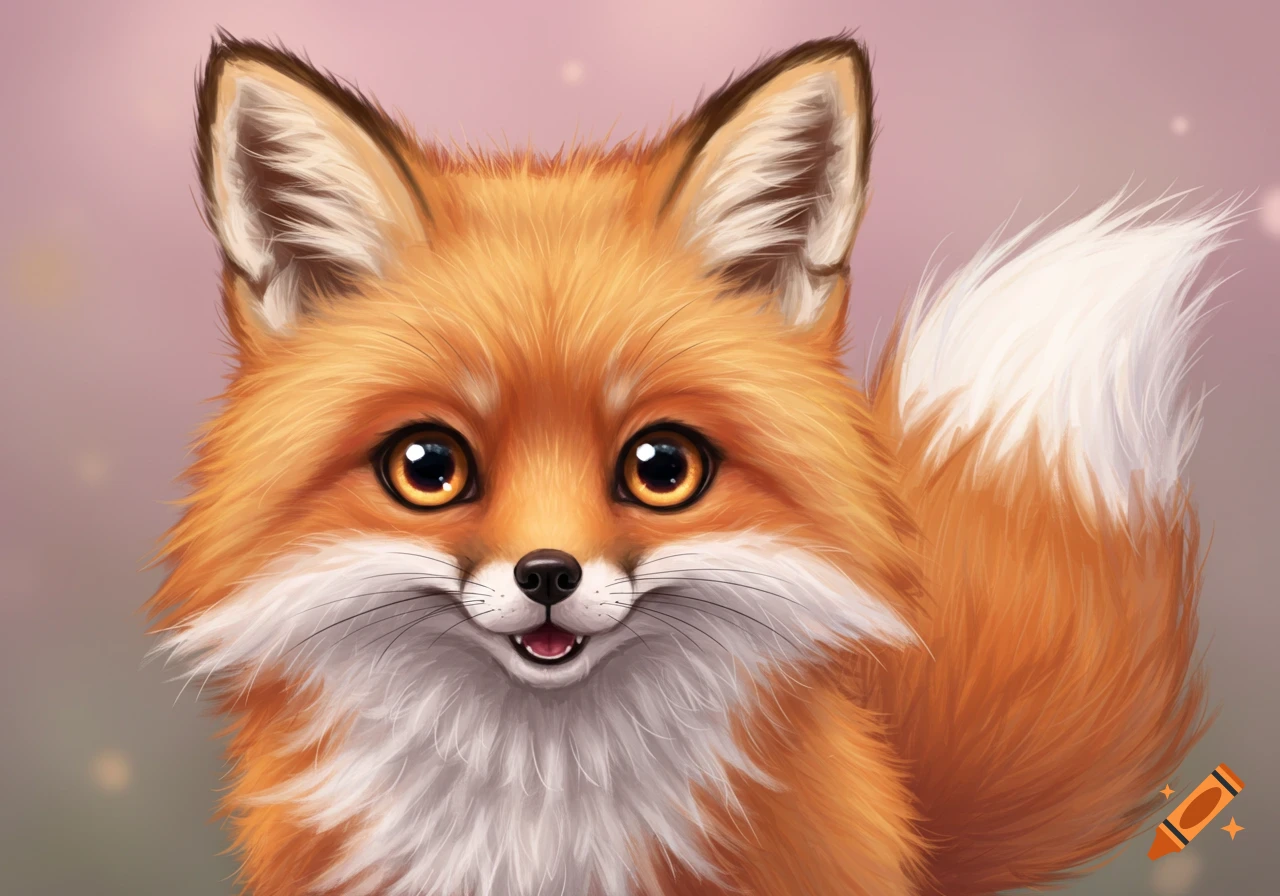 A close-up illustration of a cute fox with large eyes and a smile.