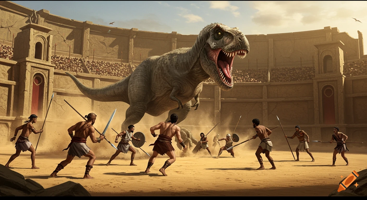 Tyrannosaurus Rex attacks gladiators in a sandy arena