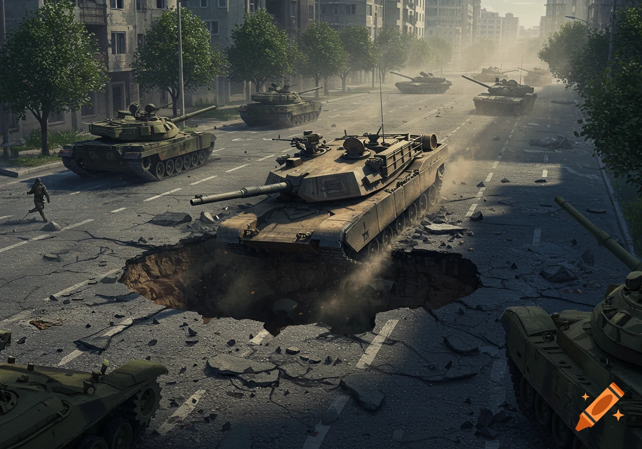 Military tanks on a destroyed city street with a large sinkhole