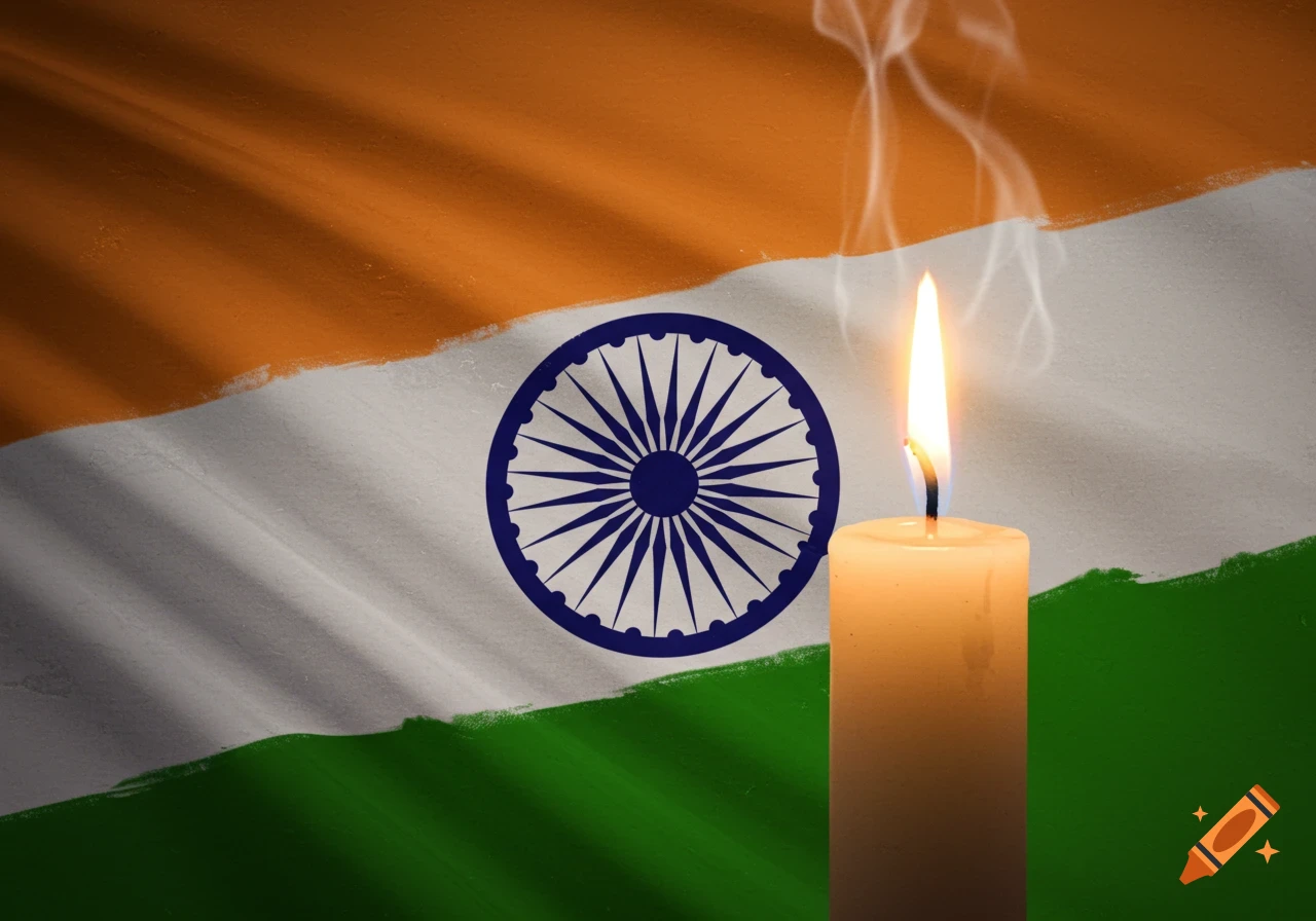 A lit candle is placed in front of a rippling Indian flag.