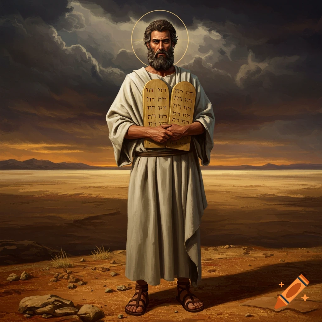 A bearded man resembling Moses with a halo stands in a desert, holding stone tablets with garbled text.