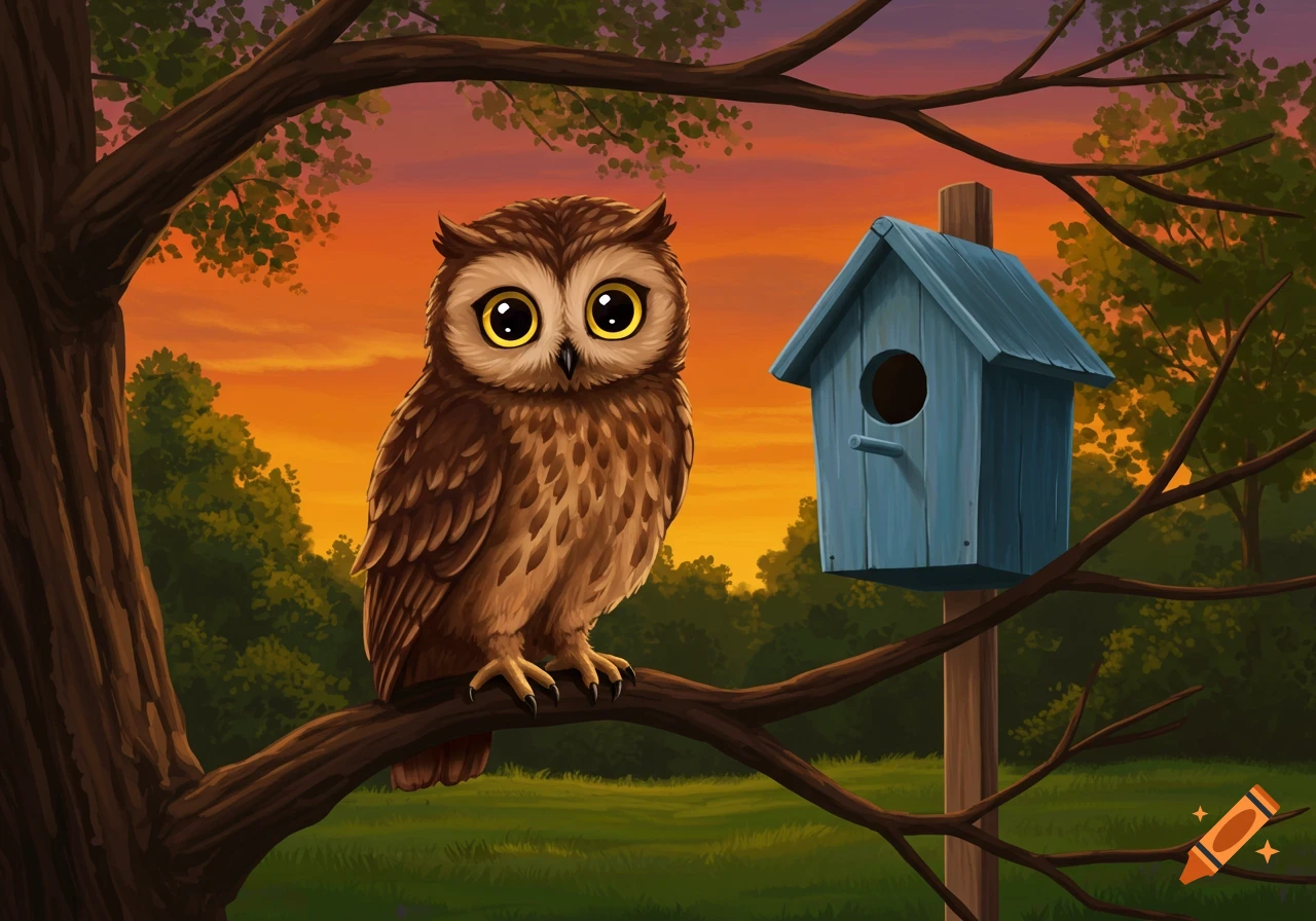Illustration of a cute owl perched on a tree branch next to a blue birdhouse at dusk.