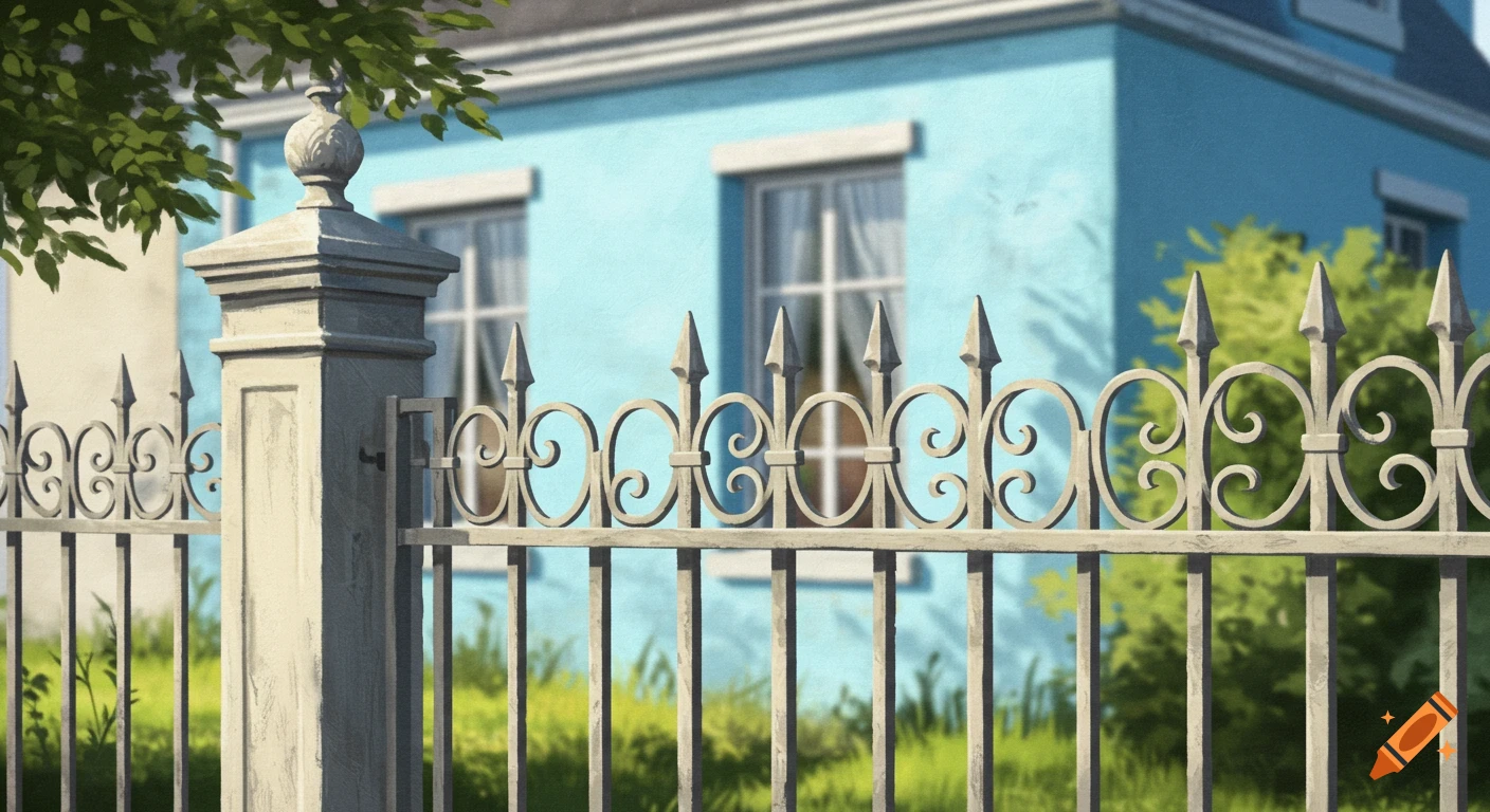 An ornate metal fence in front of a blue house and greenery.