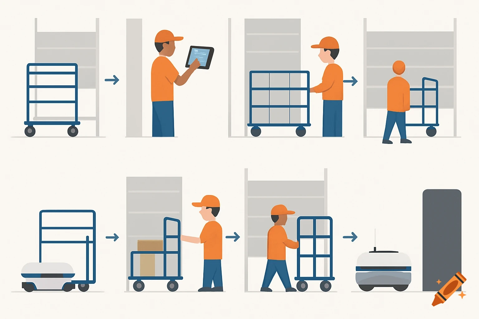 Infographic illustration showing a warehouse process with people, carts, and a robot
