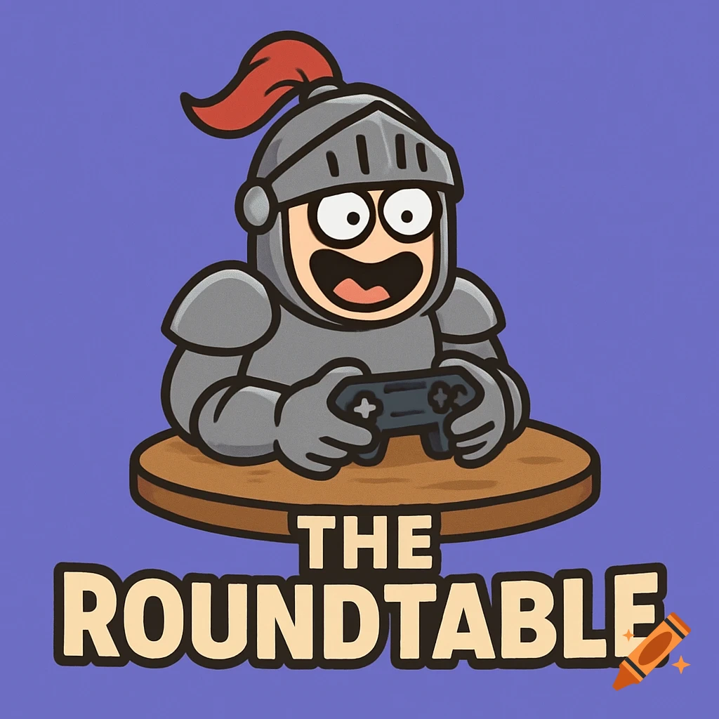 Cartoon knight in armor playing video game controller at a table with text 'THE ROUNDTABLE'