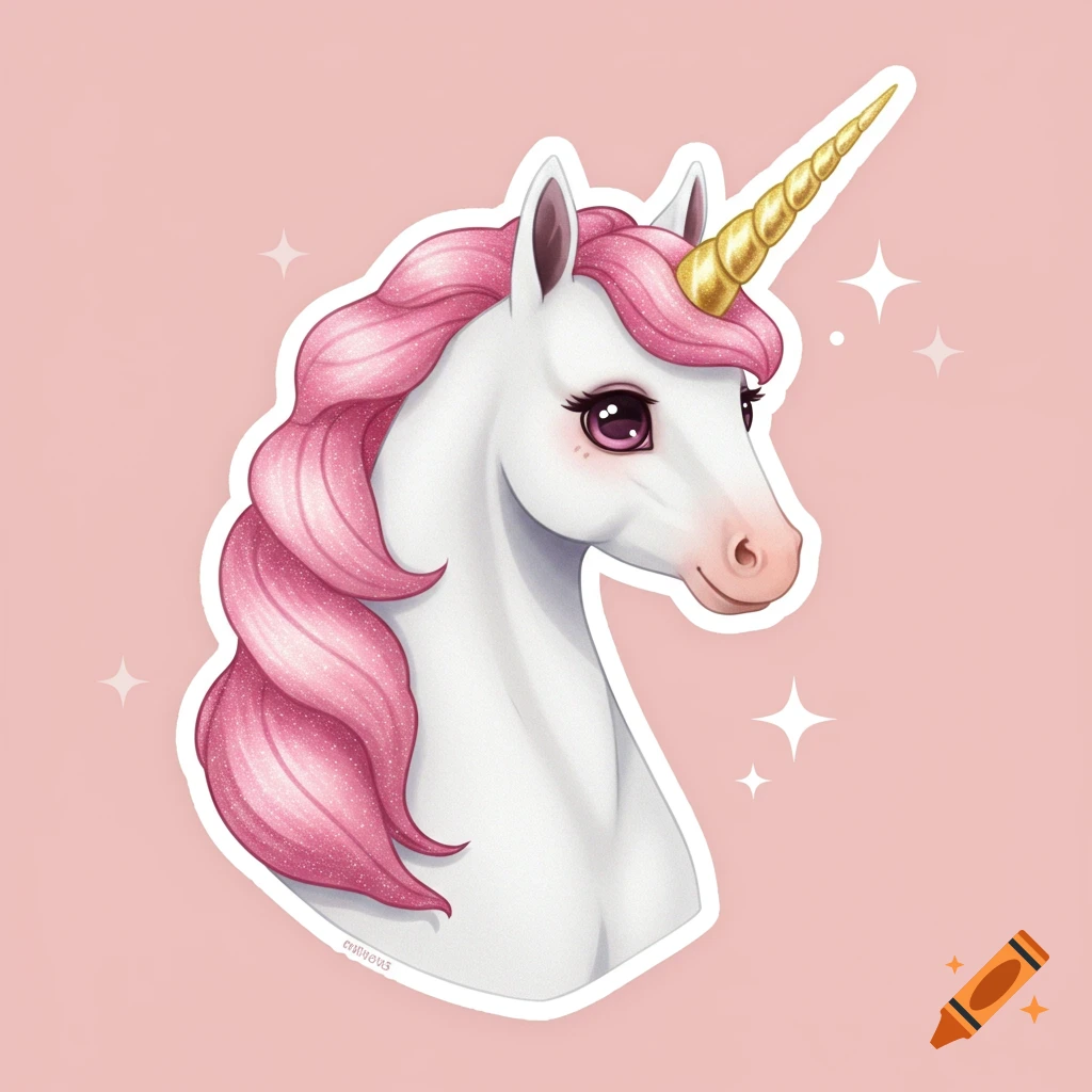 Illustration of a white unicorn with pink glittery mane and golden horn on a pink background.