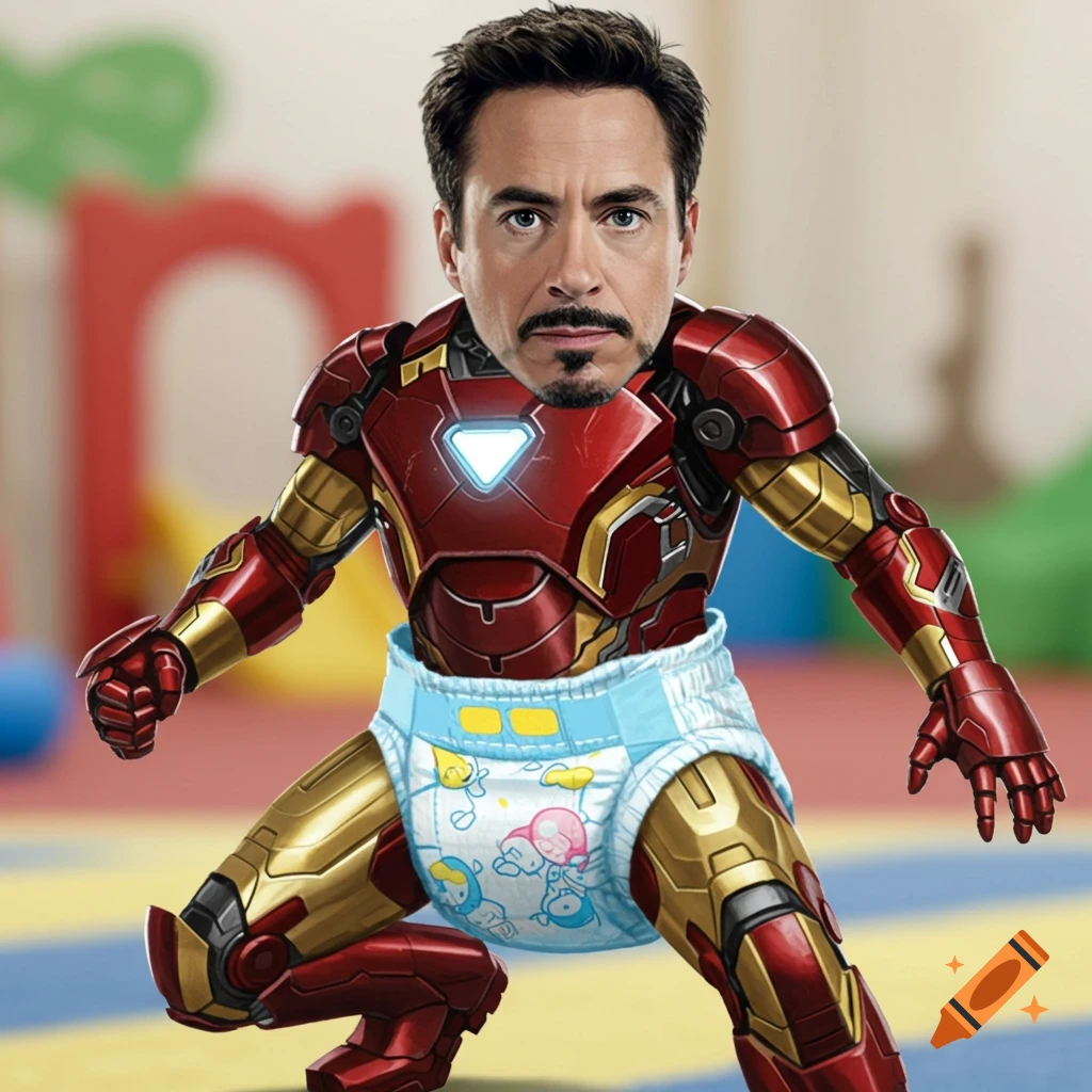 Iron Man wearing a diaper in a playroom.