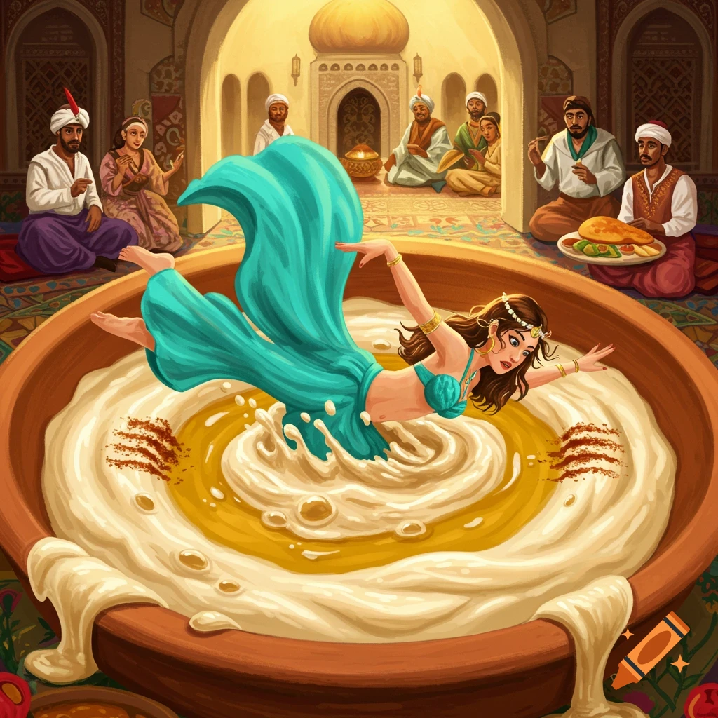 Middle Eastern dancer falls dramatically into a large bowl of hummus in a room with onlookers. Illustration.