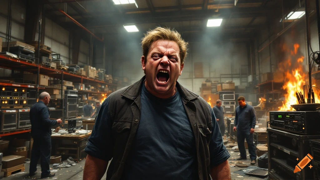 Angry man shouting in a burning warehouse with workers.