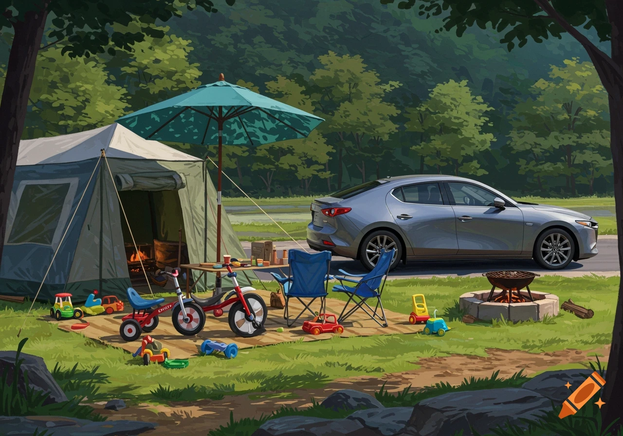 Illustration of a campsite with a tent, umbrella, car, toys, and campfire.