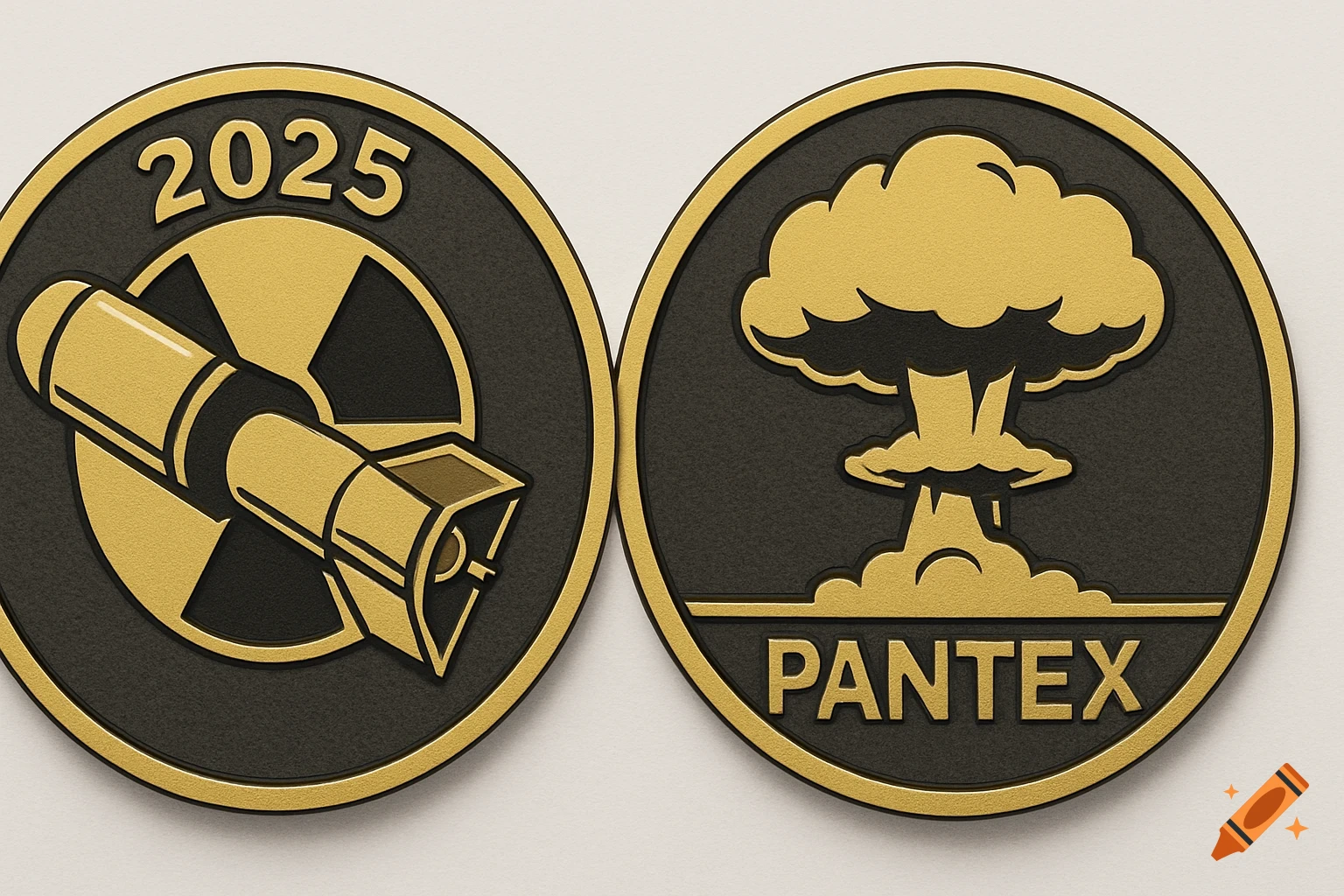 Two embossed black and gold challenge coins. One has a missile over a radiation symbol and '2025'. The other has a mushroom cloud and 'PANTEX'.