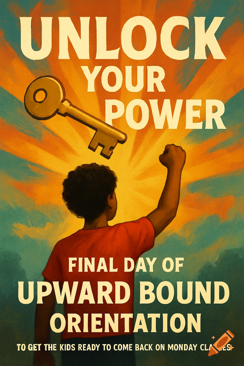 Motivational poster with a child, key, and sunburst, text reads 'Unlock Your Power' and 'Upward Bound Orientation'.