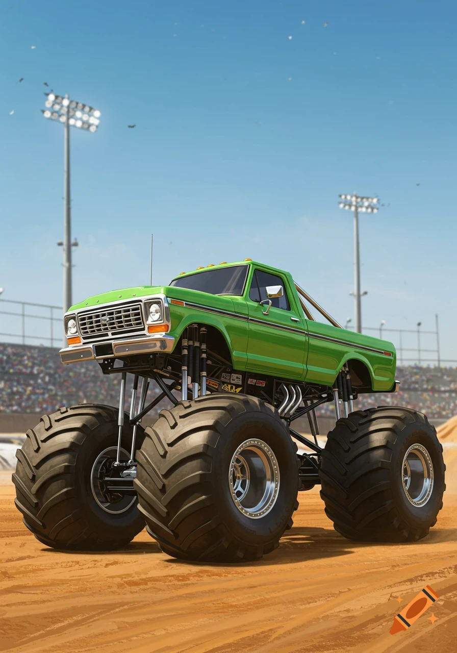 A bright green monster truck sits on a dirt track in a stadium under a blue sky.