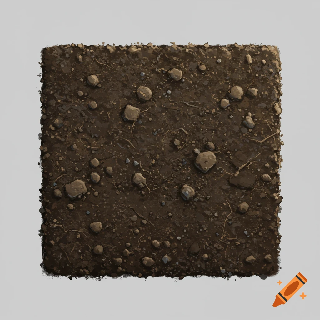 A square piece of brown soil with rocks and roots.